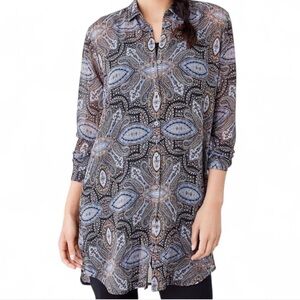 Like New J Jill Bohemian blue sheer paisley tunic button down / button up blouse
